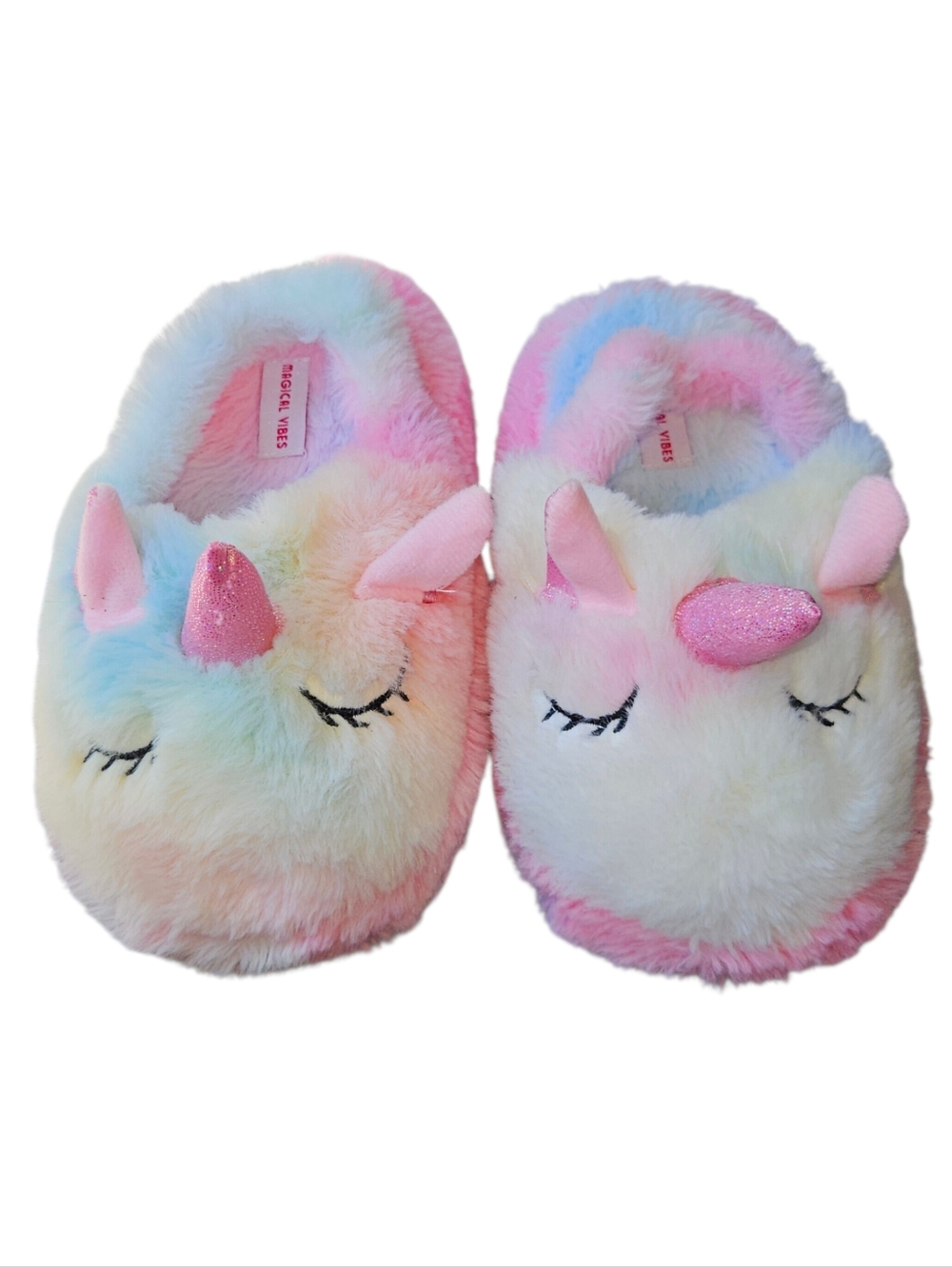 Magical Vibes Fluffy Faux Fur Rainbow Sparkly Unicorn Slippers Back Strap 9/10